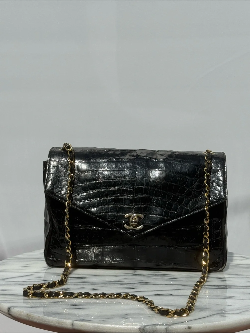 Vintage Chanel Black Crocodile Large Flap Shoulder w/ Gold HDW 1986-88, 0 Series